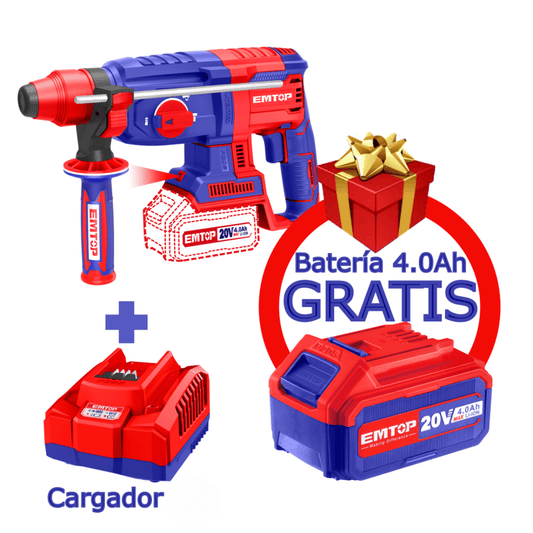 Combo Rotomartillo SDS Plus inalámbrico 20 V, Motor Brushless, incluye 3 brocas y 1 cinceL + GRATIS( - EMTOP MEXICO
