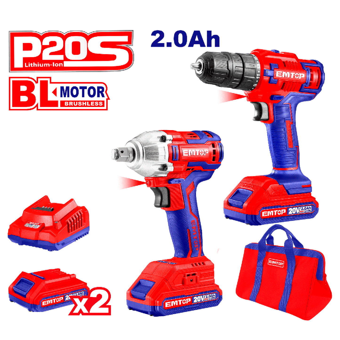 Combo Taladro - Atornillador 45Nm y Llave de impacto de 300Nm, encastre 1/2" Brushless - EMTOP MEXICO