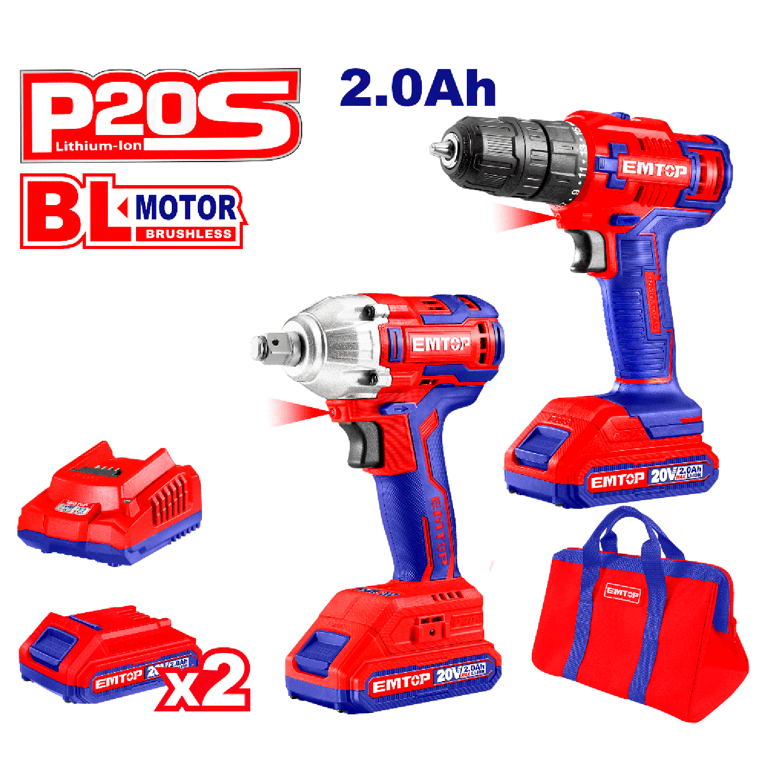 Combo Taladro - Atornillador 45Nm y Llave de impacto de 300Nm, encastre 1/2" Brushless - EMTOP MEXICO