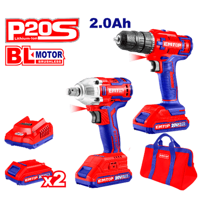 Combo Taladro - Atornillador 45Nm y Llave de impacto de 300Nm, encastre 1/2" Brushless - EMTOP MEXICO