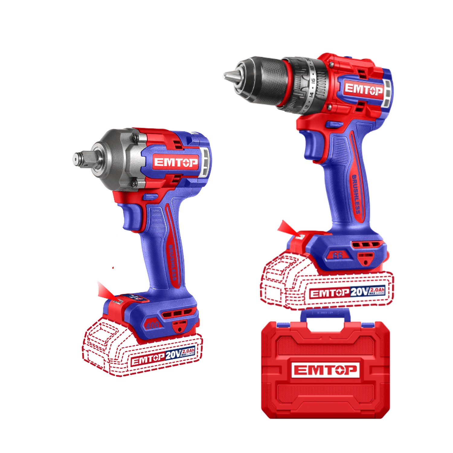 Combo Taladro-Atornillador 66 Nm y Llave de impacto de 400Nm EMTOP, encastre 1/2" Brushless - EMTOP MEXICO