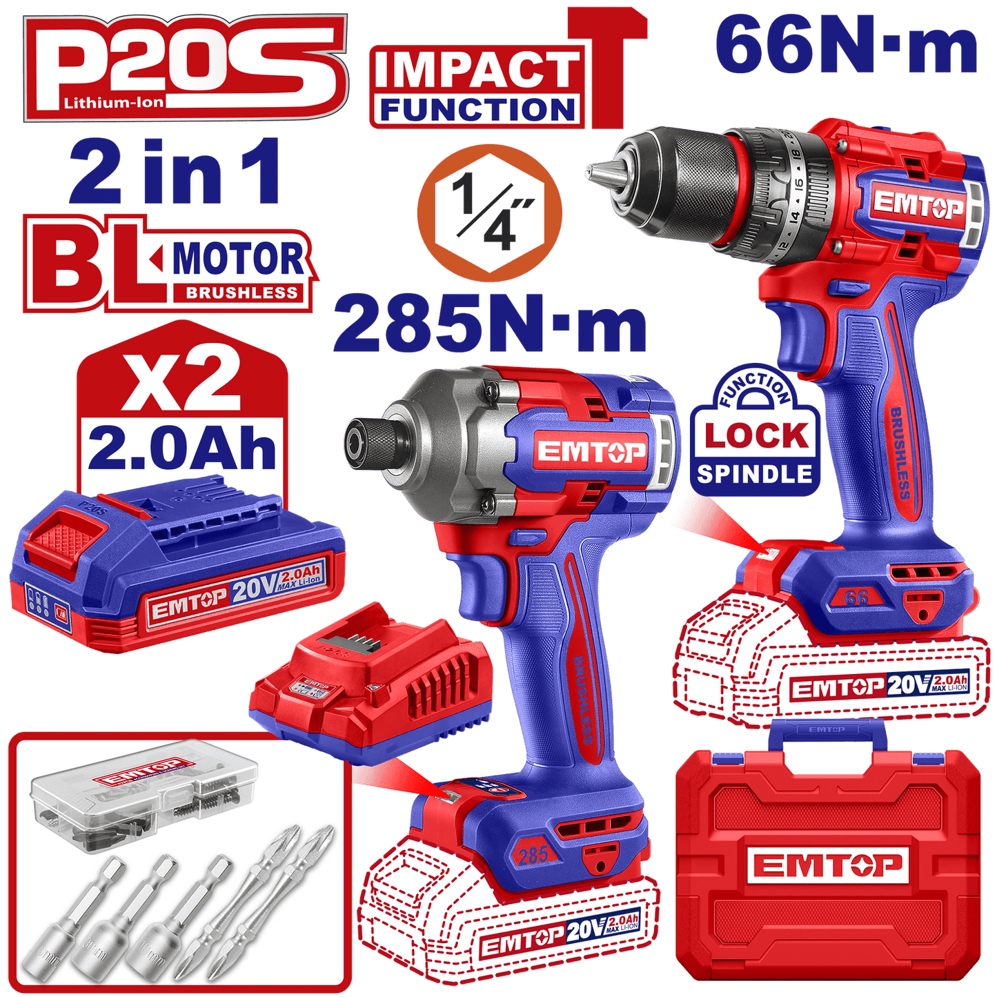Combo taladro atornillador y rotomartillo de 66Nm con atornillador de de impacto de 285Nm - EMTOP MEXICO