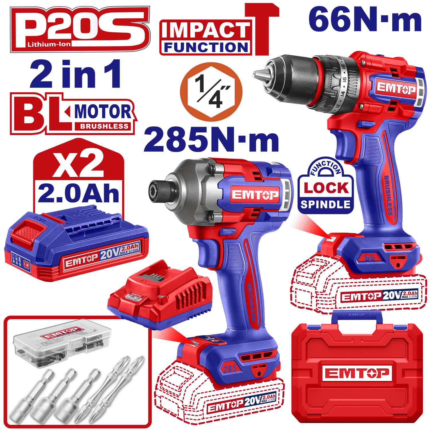 Combo taladro atornillador y rotomartillo de 66Nm con atornillador de de impacto de 285Nm - EMTOP MEXICO