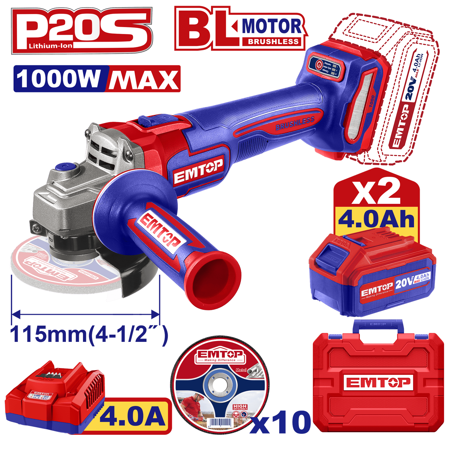 Esmeril angular inalámbrico de 20V EMTOP 2 baterias 4Ah y cargador - EMTOP MEXICO