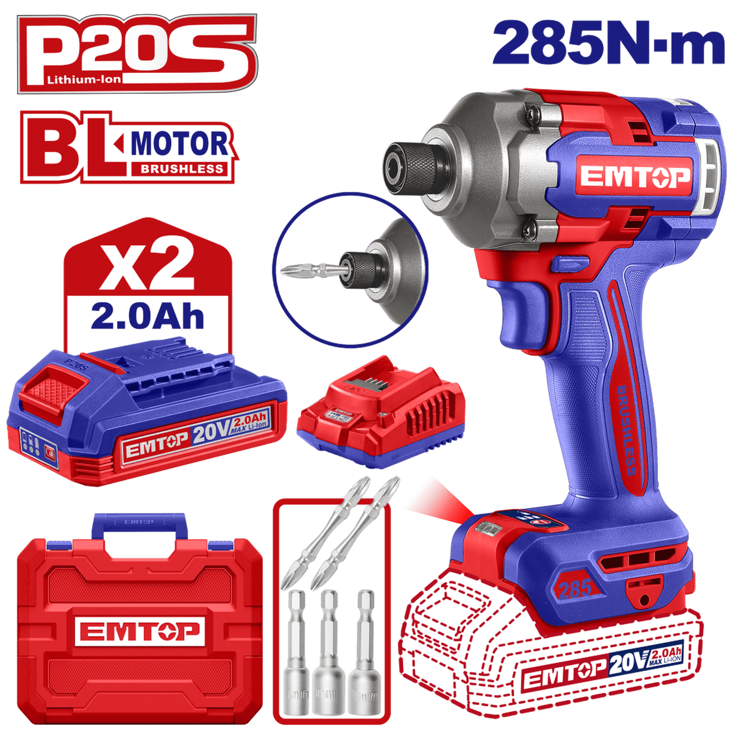 Kit de Atornillador de impacto 285 Nm EMTOP inalámbrico con 2 baterías y 1 cargador - EMTOP MEXICO
