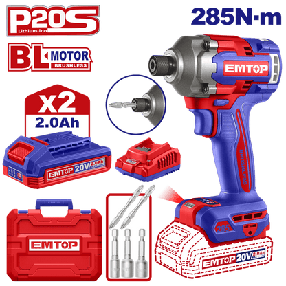 Kit de Atornillador de impacto 285 Nm EMTOP inalámbrico con 2 baterías y 1 cargador - EMTOP MEXICO