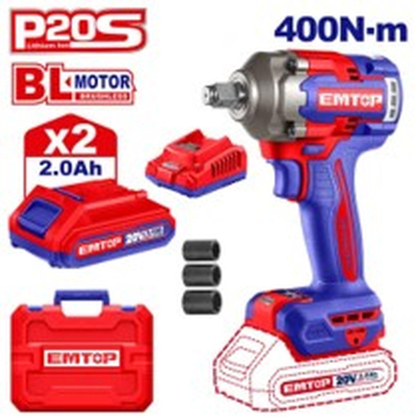 Kit Llave de impacto 1/2" inalámbrica 400 Nm brushless con accesorios - 20% de descuento por el mes del constructor - EMTOP MEXICO