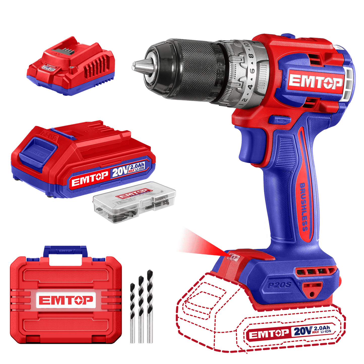 Kit Taladro de impacto 1/2", 60Nm EMTOP inalámbrico 20V, Brushless - 20% de descuento por el mes del constructor - EMTOP MEXICO