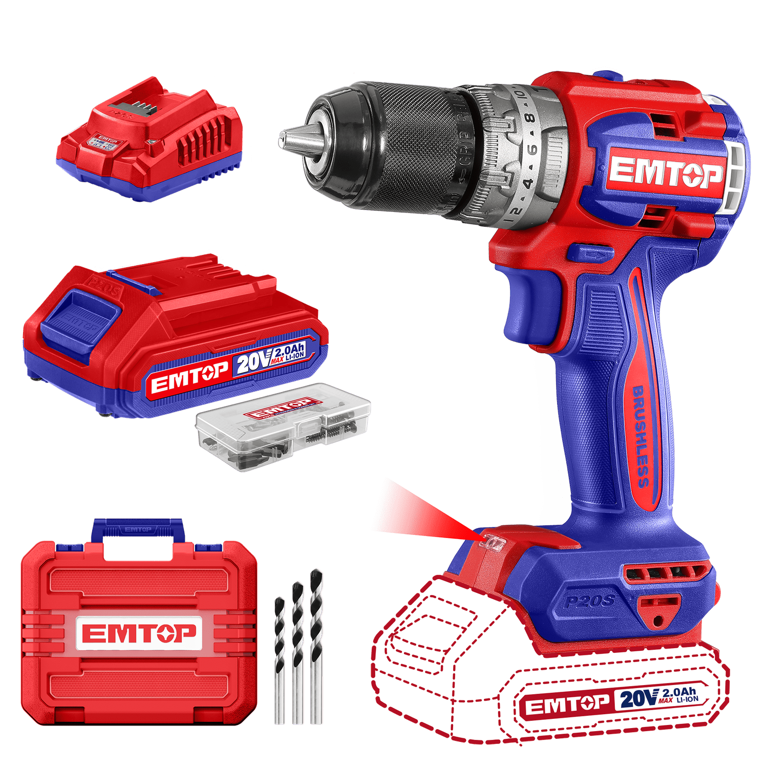 Kit Taladro de impacto 1/2", 60Nm EMTOP inalámbrico 20V, Brushless - 20% de descuento por el mes del constructor - EMTOP MEXICO