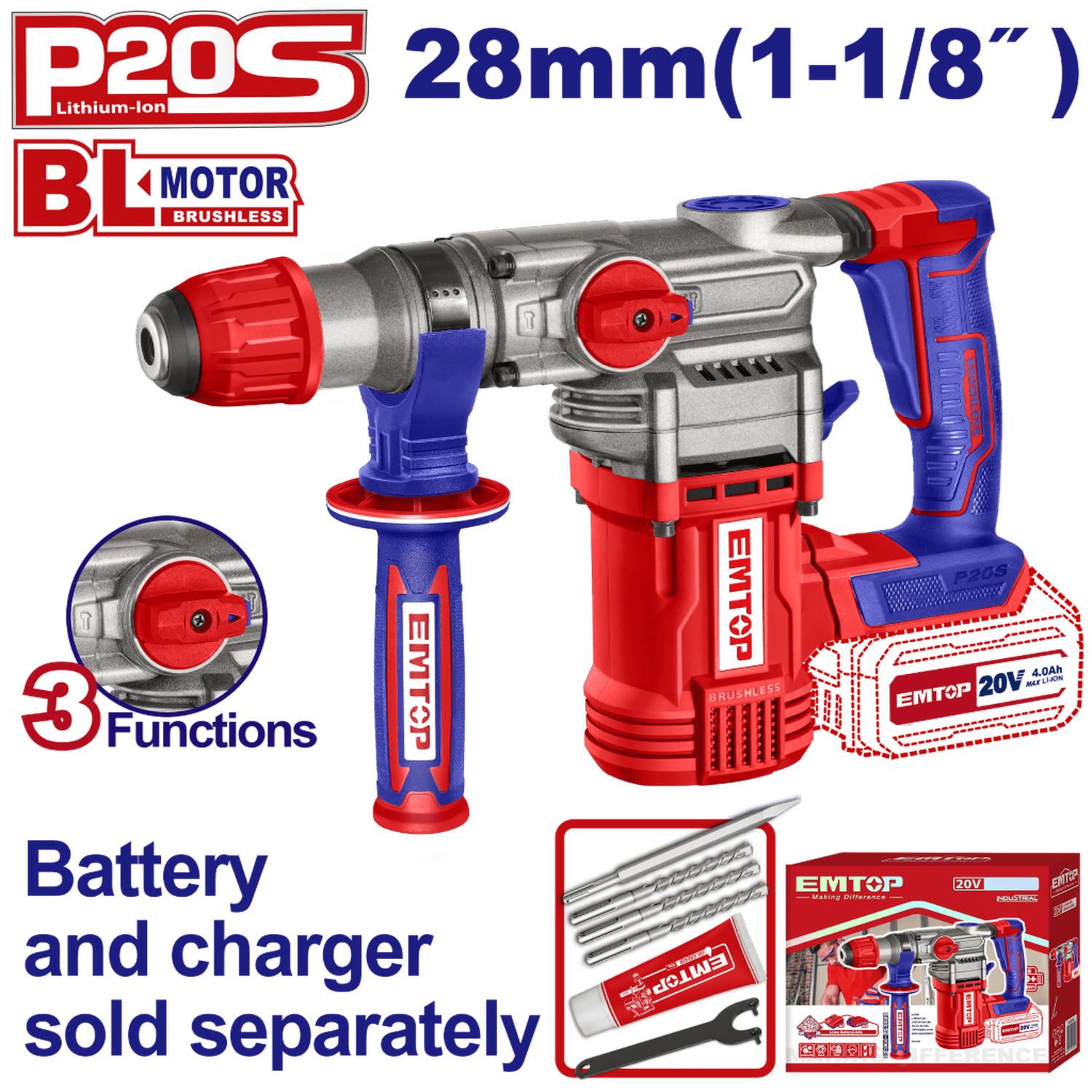 Rotomartillo 4.5 J SDS Plus EMTOP inalámbrico - EMTOP MEXICO